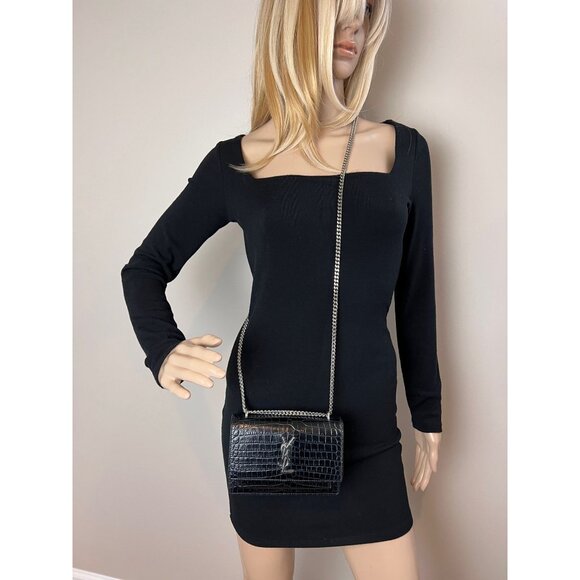 Saint Laurent Black Leather Sunset Wallet on a Chain Crocodile Embossed Bag - Picture 8 of 15